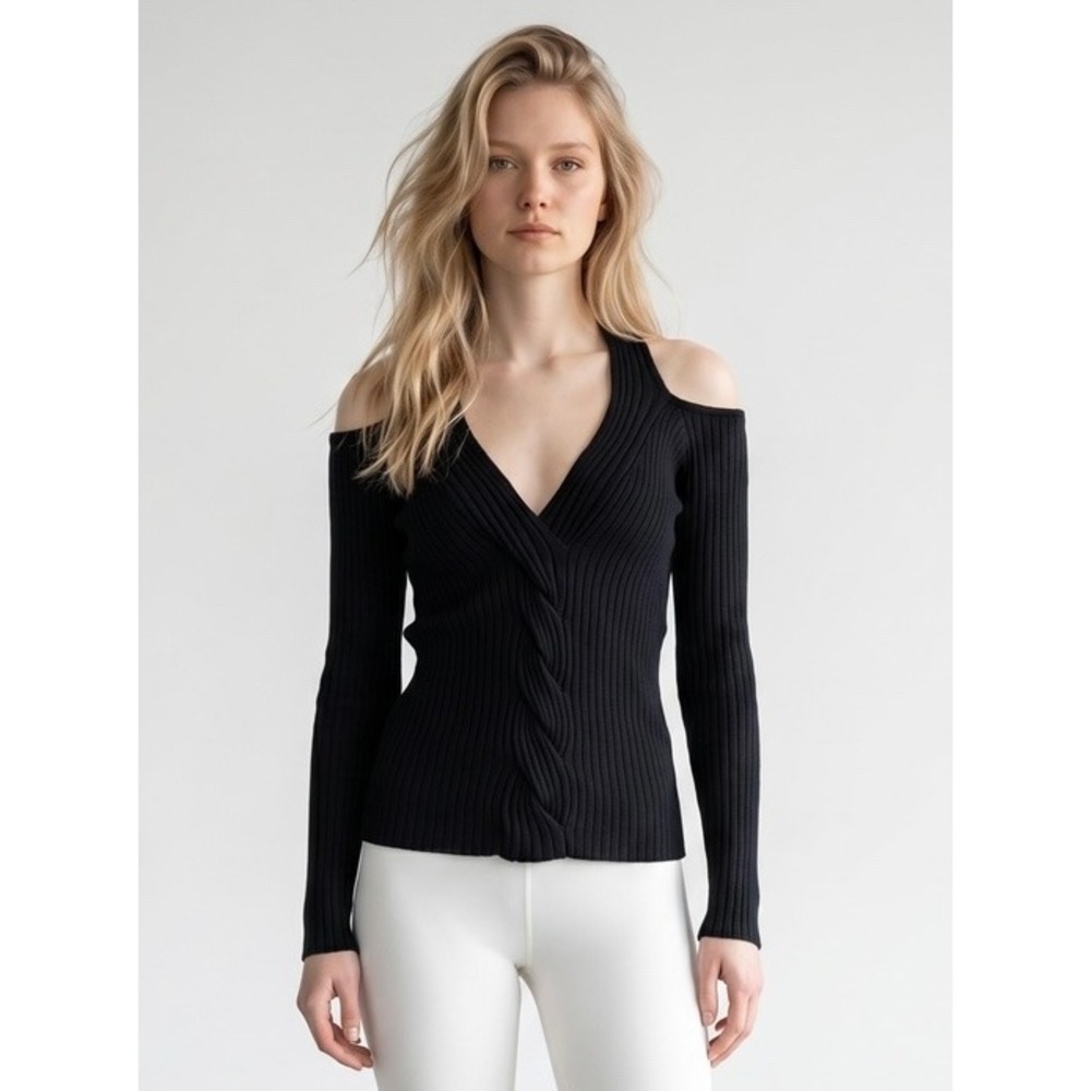 Express Black Ribbed Cold Shoulder Halter V-Neck Twisted Cable Knit Sweater Top